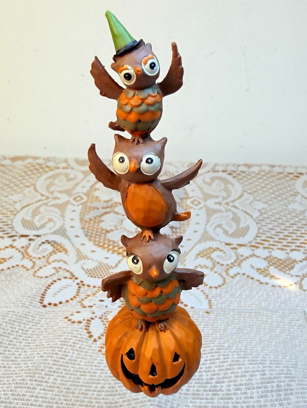 Teresa Kogut Halloween Owl Stack Figurine on Jack O’Lantern Resin Signed 6”